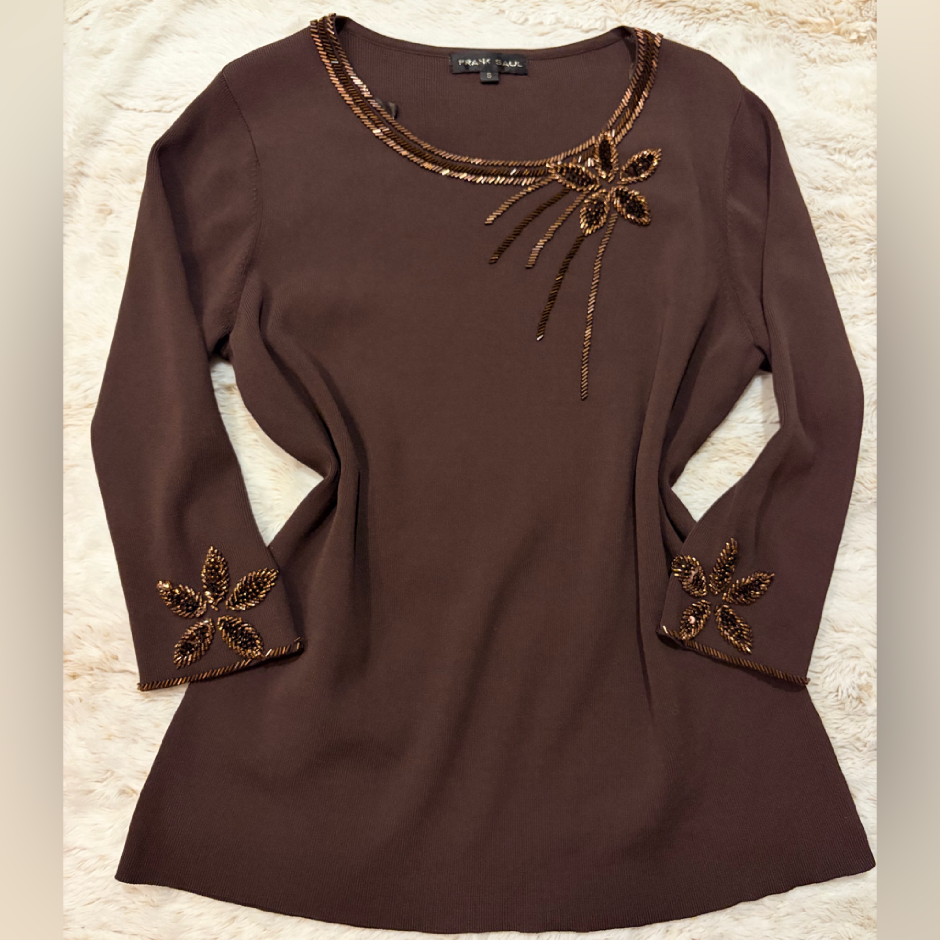Vintage Frank Saul Hand Beaded Sweater Brown 90s Embellished Floral Top Small